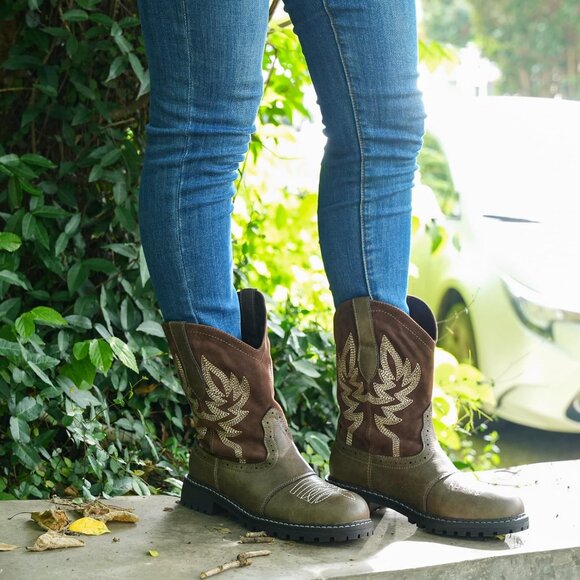 Hawkwell Women's Coffee Fashion Mid Calf Round Toe Embroidered Western Boots - Picture 3 of 6